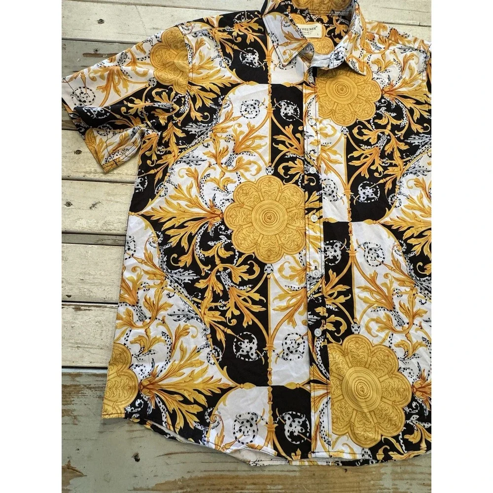 Mens Fohemr Button Up Shirt Men's Size  Large Baroque Abstract Print Yellow